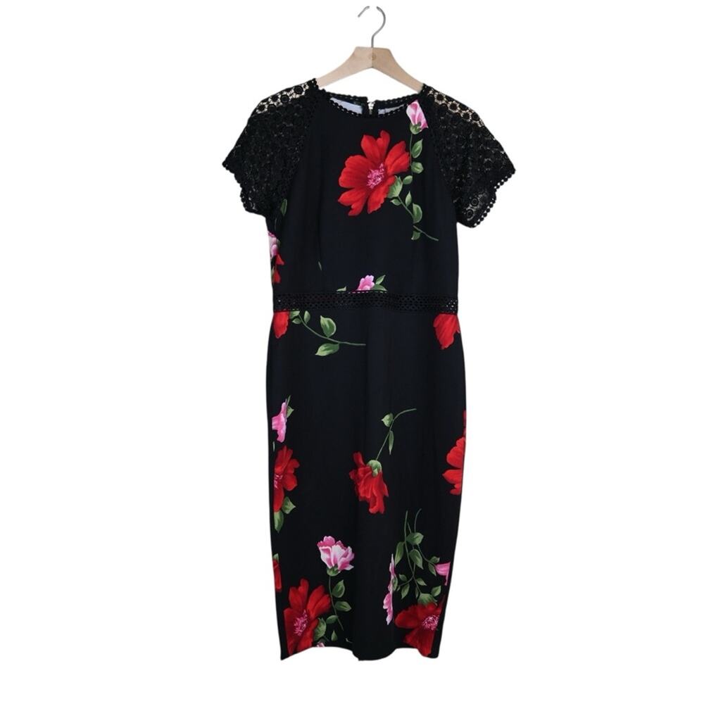 Bisou Bisou Women's 14 Black Multi Floral Print Crochet Detail Midi Dress NEW